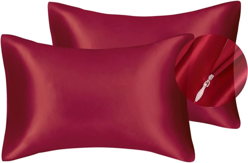 JUWENIN,Luxury Satin Pillowcase with Zipper (Silky Satin Pillow Case for Hair) Set of 2 (Standard, Burgundy)