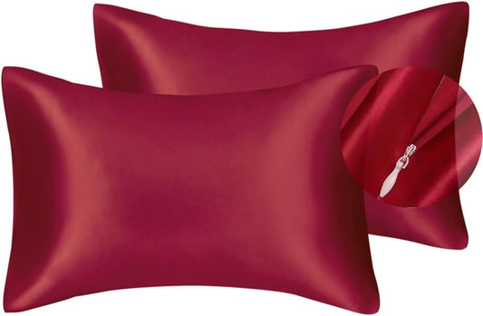 JUWENIN,Luxury Satin Pillowcase with Zipper (Silky Satin Pillow Case for Hair) Set of 2 (Standard, Burgundy)