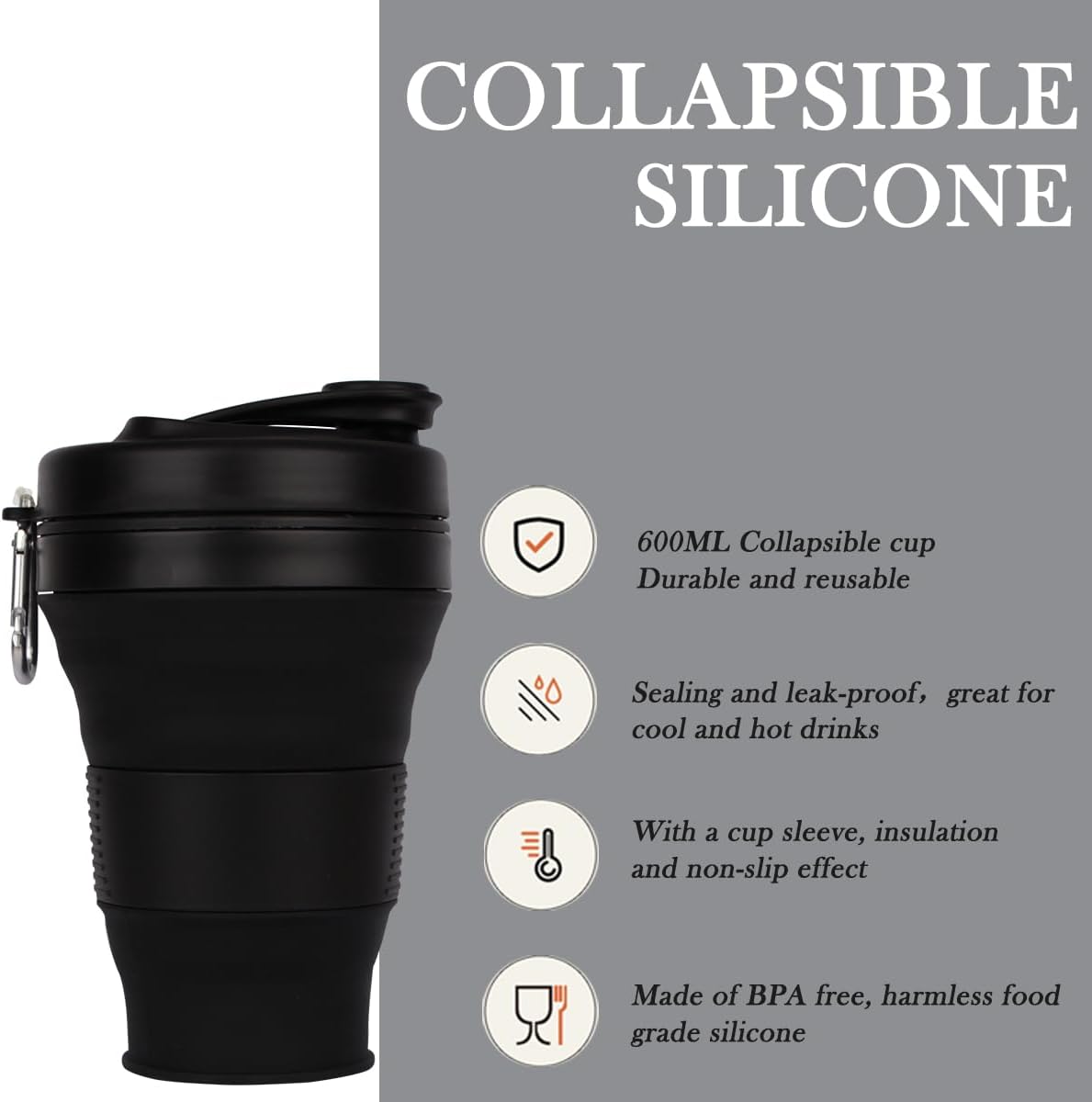 Silicone Coffee Cup with Straw lid Collapsible Cups for Traveling 20oz Lightweight Folding Water Mug for Picnic Hicking Camping Climbing (Black)