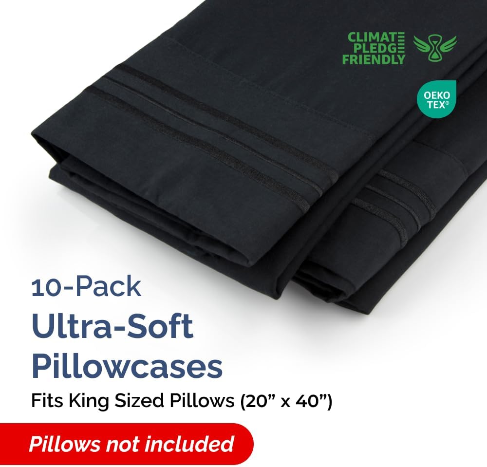 King Pillow Cases Set of 10 - Ultra Soft Hotel Quality Pillowcase Covers - Comfy & Wrinkle Free - Shrink, Stain and Fade Resistant - Easy-Care, Machine Washable Pillow Protectors - 10 Pcs Set - Black