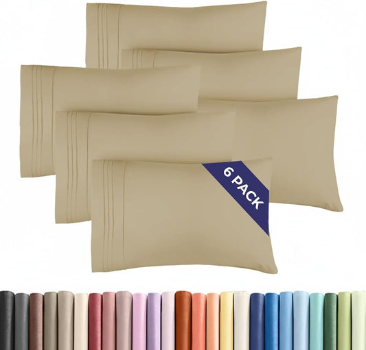 Queen Pillow Cases Set of 6 - Ultra Soft Hotel Quality Pillowcase Covers - Comfy & Wrinkle Free - Shrink, Stain and Fade Resistant - Easy-Care, Machine Washable Pillow Protectors - 6 Pcs Set - Beige