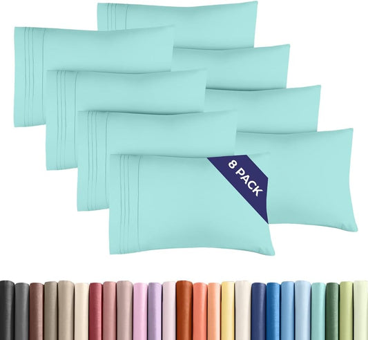 Queen Pillow Cases Set of 8 - Ultra Soft Hotel Quality Pillowcase Covers - Comfy, Cozy & Wrinkle Free - Shrink, Stain and Fade Resistant - Machine Washable Pillow Protectors - 8 Piece Set - Spa Blue