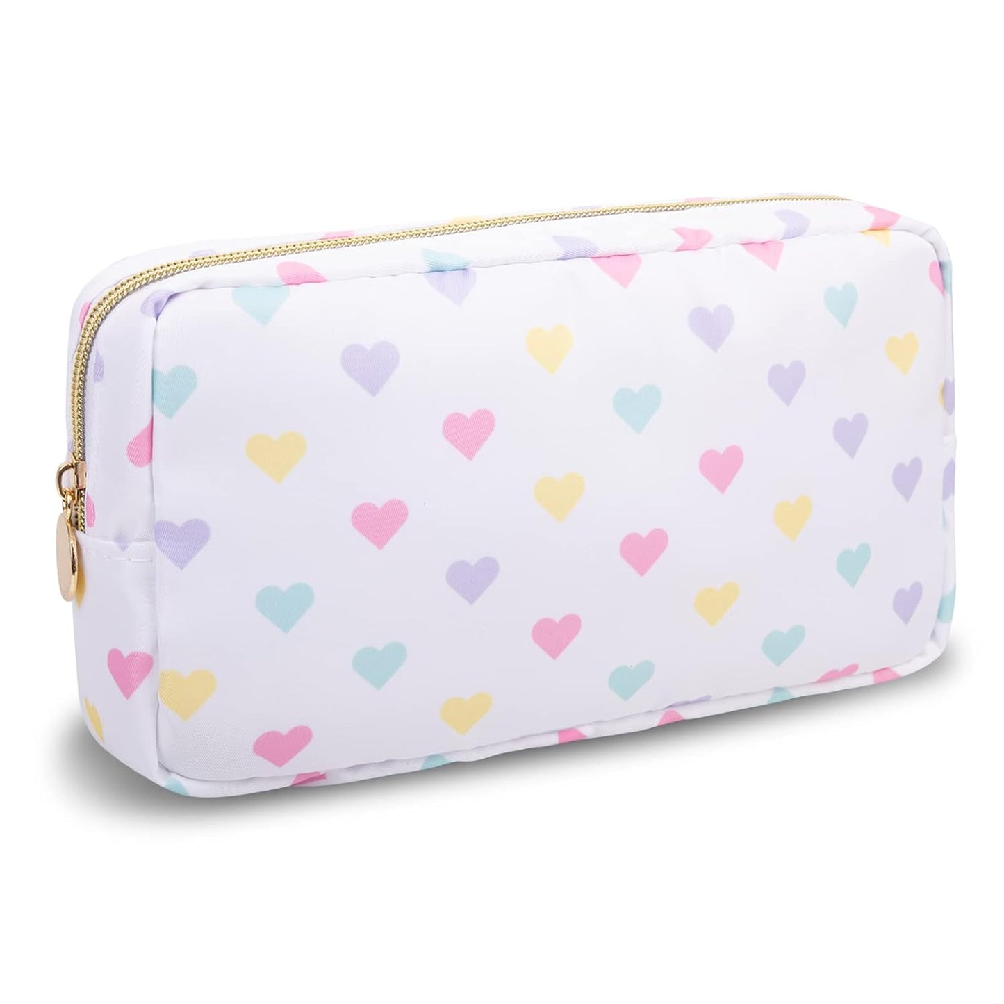 Small Makeup Bag Pouch for Purse，Nylon Travel Toiletry Storage Bag Cute Makeup Organizer Bag for Women Girls，Preppy Waterproof Cosmetic Bag Pouch Skincare Bag Purse with Zipper (Small-White Heart)