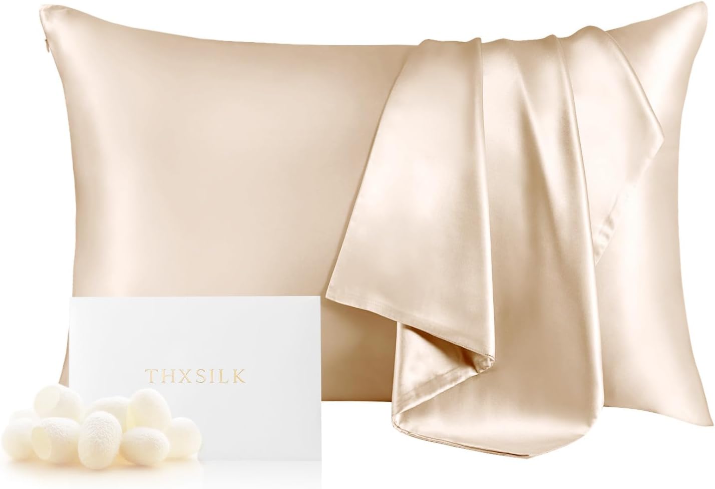 THXSILK Silk Pillowcase for Hair and Skin, 100% Mulberry Silk Bed Pillowcase Grade 6A+, Hypoallergenic Soft Breathable Silk Pillow Case with Hidden Zipper, King Size Pillow Case(Beige)