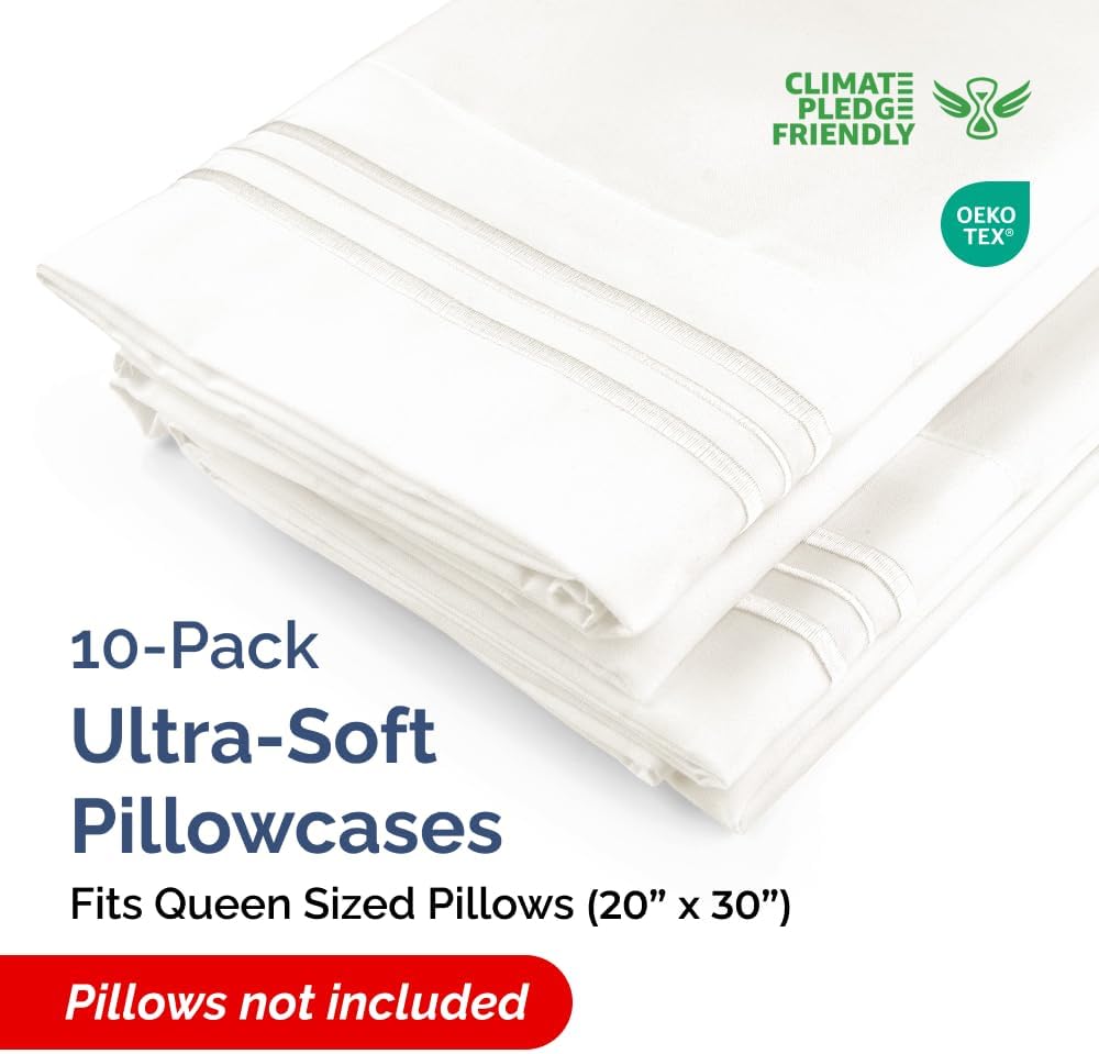 Queen Pillow Cases Set of 10 - Ultra Soft Hotel Quality Pillowcase Covers - Comfy & Wrinkle Free - Shrink, Stain and Fade Resistant - Machine Washable Pillow Protectors - 10 Piece Set - Antique White