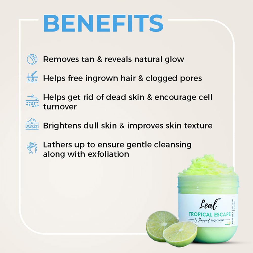 Leal Tropical Exfoliating Body Sugar Scrub, Green Tea Lemon Sugar Face Scrub, Face Polish, Tan Sugar Scrub, Whipped Foaming Vegan Scrub, Sulfate free, Whipped soap scrub dead skin-200 g