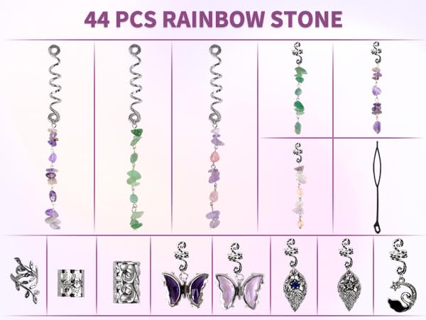 Hair Jewelry for Braids 44 Pcs Natural Colored Crystal Stone Hair Braid Accessories Metal Hair Charms Silver Loc Dreadlock Spirals Cuffs Rings Light Weight Hair Charms for Women