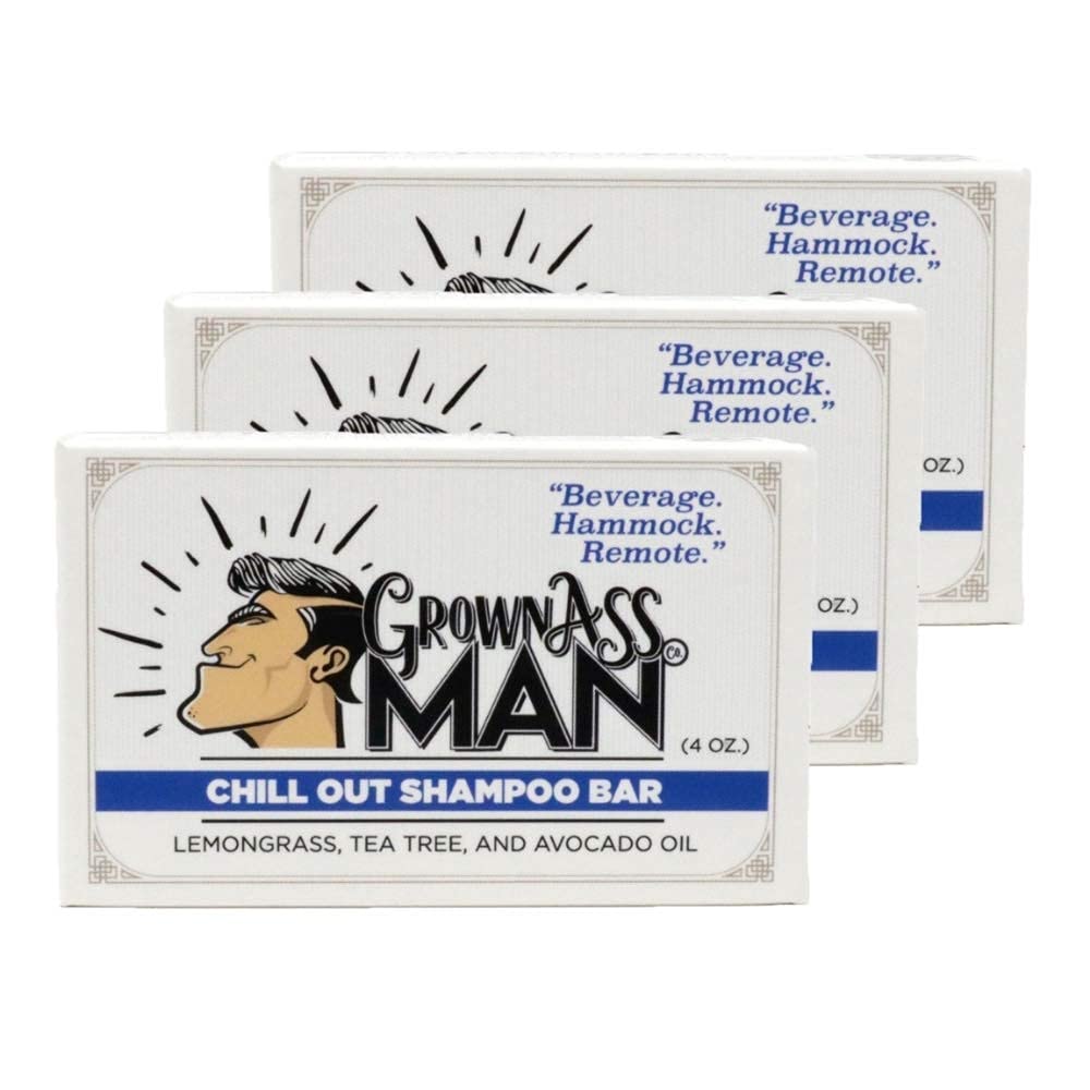 Grown Ass Man Co. - Solid Shampoo Bar Rich Lather 3 in 1: Hair, Beard & Body Wash - Plastic Free & Eco-Friendly, Natural & Organic Clean for All Hair Types, 4oz Bar (Chill Out, 3-Pack)