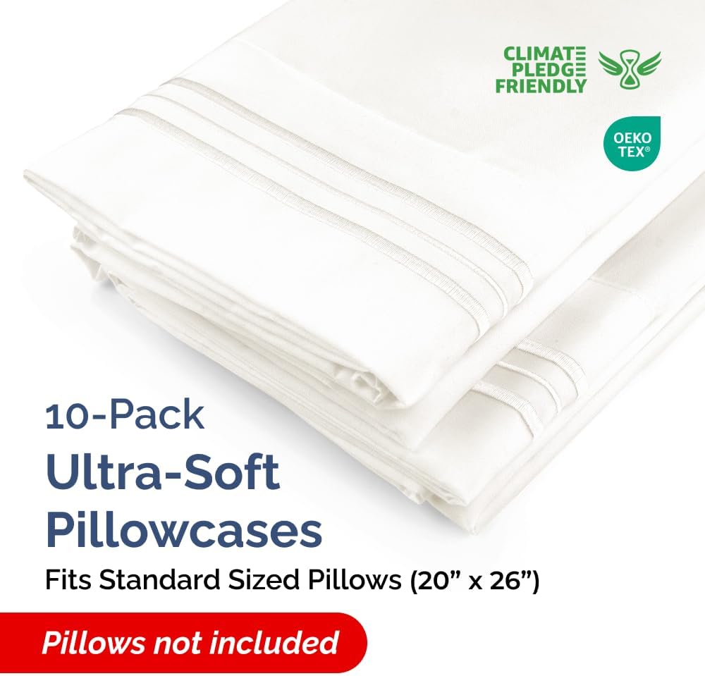 Standard Pillow Cases Set of 10 - Ultra Soft Hotel Quality Pillowcase Covers - Comfy & Wrinkle Free - Shrink, Stain and Fade Resistant - Machine Washable Pillow Protectors - 10 Pcs Set - Antique White
