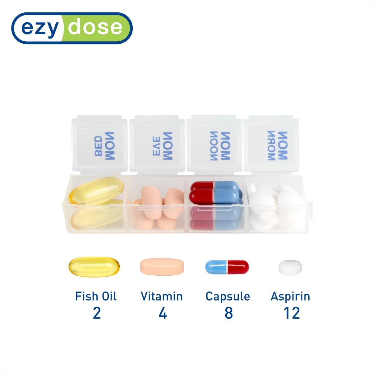 EZY DOSE Weekly (7 Day) 4 Times a Day Push Button Pill Organizer and Vitamin Planner, Removable Daily Pillboxes, Blue, Clear Lids, Large, BPA Free
