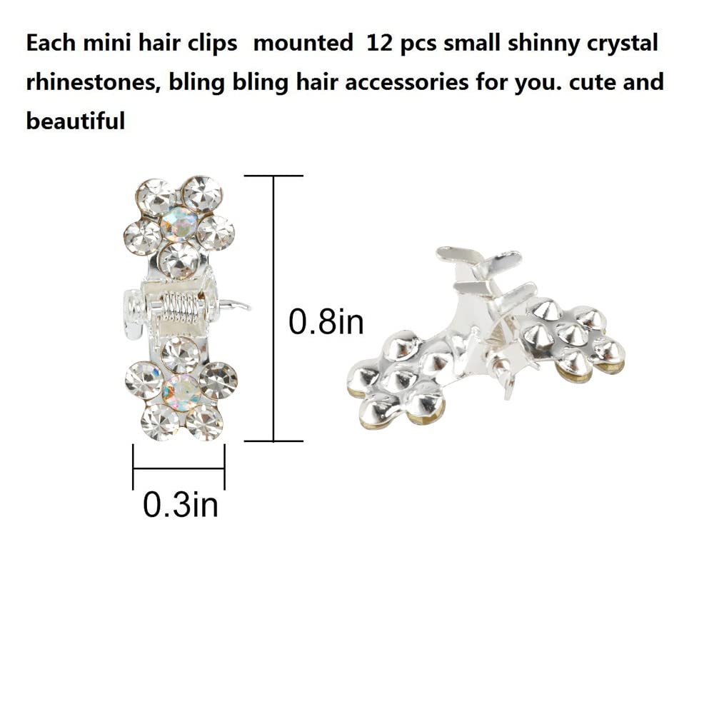 Mini Glitter Teeth Rhinestone Flower Hair Accessories - No-Slip Grip Metal Jaw Clamps in Mix Colors for Girls Women (Silver-White Crystal)