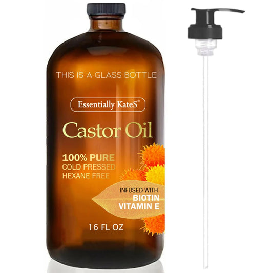 Essentially KateS Castor Oil 16 Fl Oz (Glass Bottle) - Biotin + Vitamin E - A Huge Glass Bottle with a Pump - 100% Pure and Natural, Cold Pressed, and Hexane-Free - Hair, Body