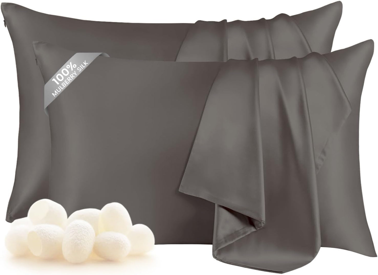 THXSILK Set of 2 Mulberry Silk Pillow Cases, 100% Mulberry Silk Pillowcase for Hair and Skin, 19 Momme Hypoallergenic Pillow Cover with Hidden Zipper (Dark Gray, Standard 20"x26")