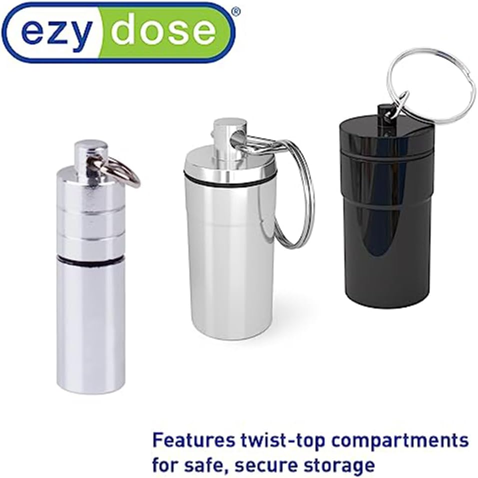 EZY DOSE Keychain Pill Box and Medicine, Vitamin Container, Safe for Money & Travel Items, Metal Canister, Medium Compartments, Various, BPA Free
