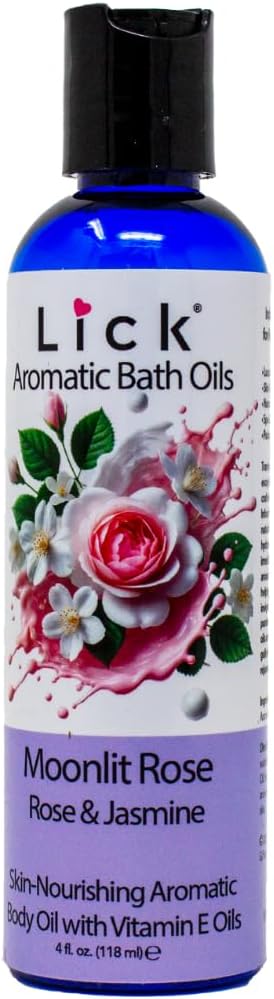 Lick Moonlit Rose Aromatic Bath Oil - Rose and Jasmine. Natural Sweet Almond, Vitamin E & Jojoba Oils a Luxurious Experience for Women. Moisturizes Dry Skin, 12 Enchanting Aromas, Made in USA 4 fl oz