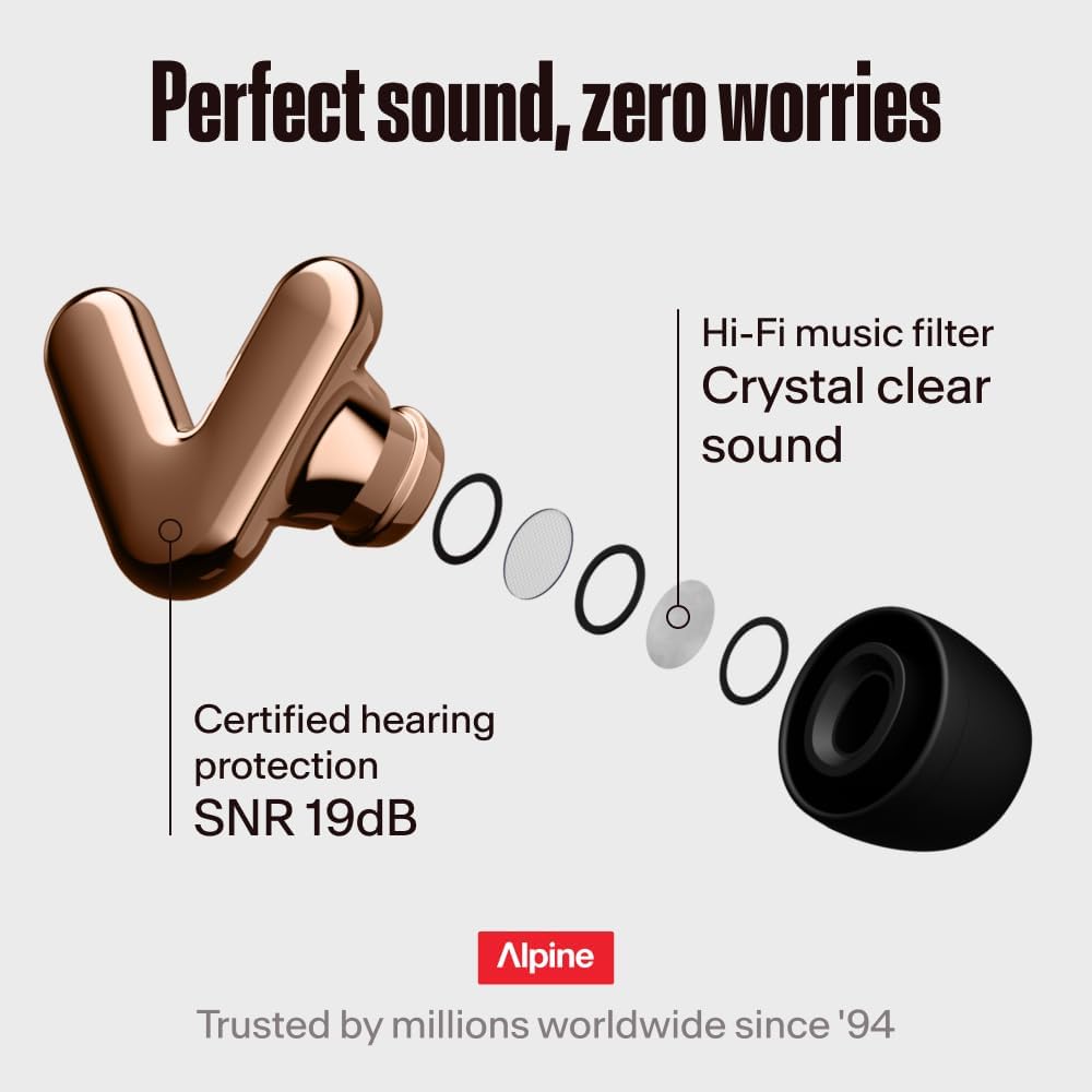 Alpine Tune Earplugs, Concert Ear Plugs for Noise Reduction, High Fidelity Music Quality, 19dB Hearing Protection with Crystal Clear Sound, Incl. 4 Sizes, Parties, Raves, Festivals & Clubs, Rose Gold