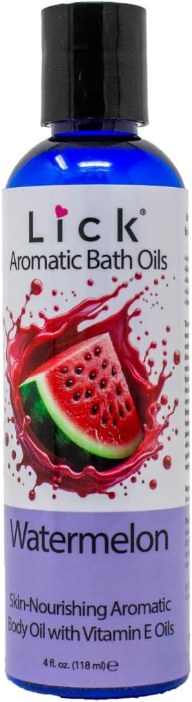 Lick Watermelon Aromatic Bath Oil - Natural Sweet Almond, Vitamin E & Jojoba Oils for Luxurious Experience for Women. Moisturizes Dry Skin, 12 Enchanting Aromas, Paraben Free, Made in USA 4 fl oz