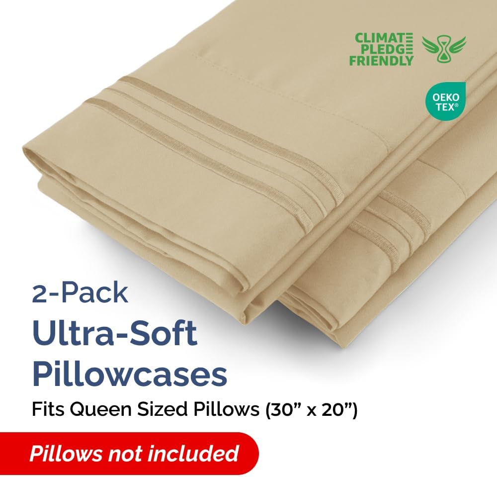 Queen Pillow Cases Set of 2 - Ultra Soft Hotel Quality Pillowcase Covers - Comfy, Cozy & Wrinkle Free - Shrinkage, Stain and Fade Resistant - Machine Washable Pillow Protectors - 2 Piece Set - Beige