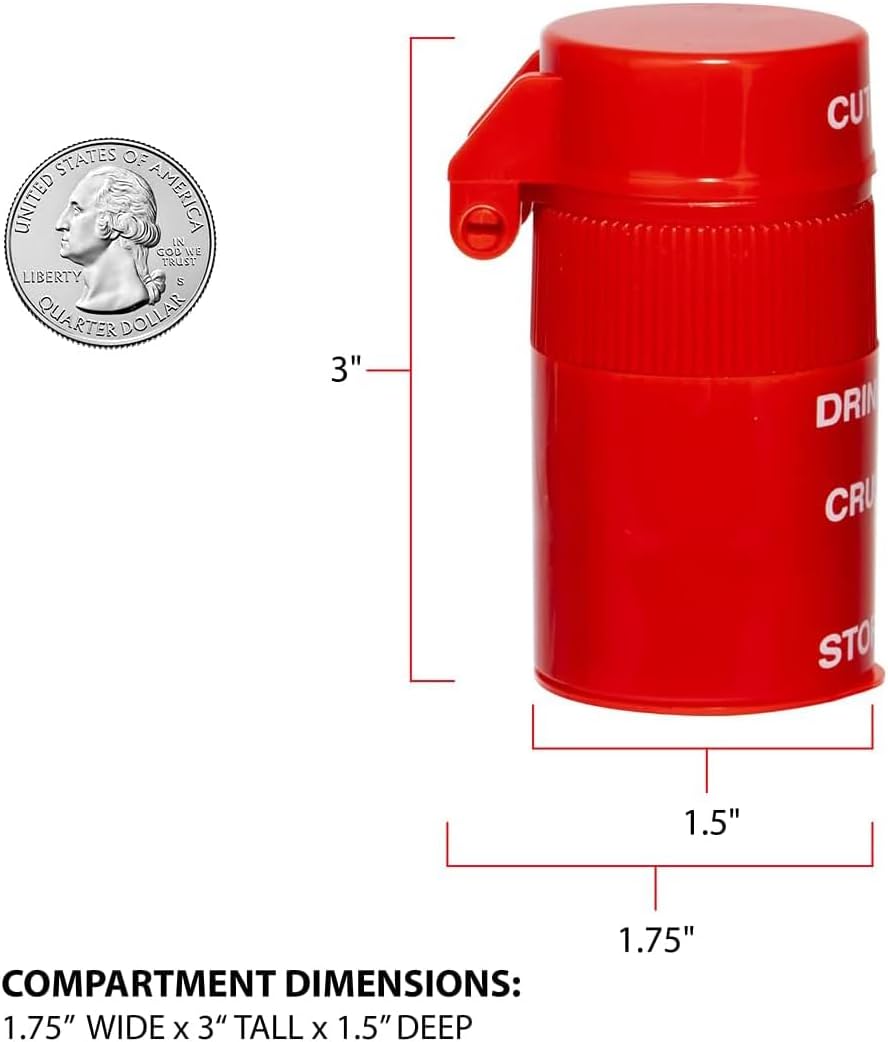 EZY DOSE 3 Compartment Pill Crusher, Cutter and Grinder, Daily Usage, Safely Cut Pills, Vitamins, Tablets, Accurate and Easy Cutting, Stainless Steel Blade, Removable Drinking Cup, Red, BPA Free