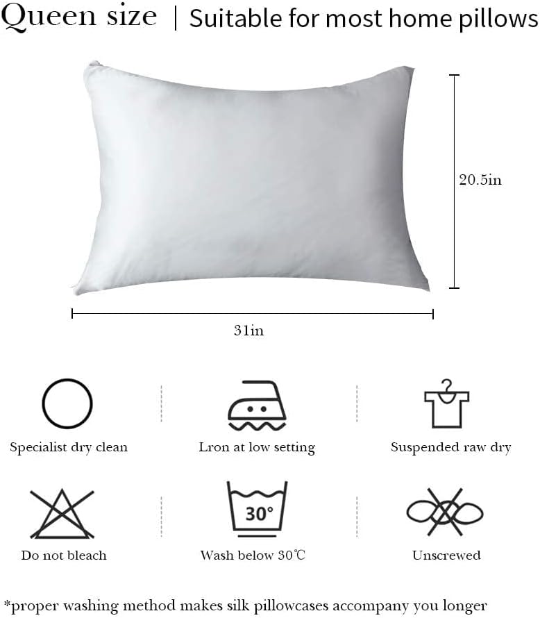 100% Mulberry Silk Pillowcases Set of 2 for Hair and Skin and Super Soft and Breathable Queen Size Nature Silk Pillowcases (Queen, White)