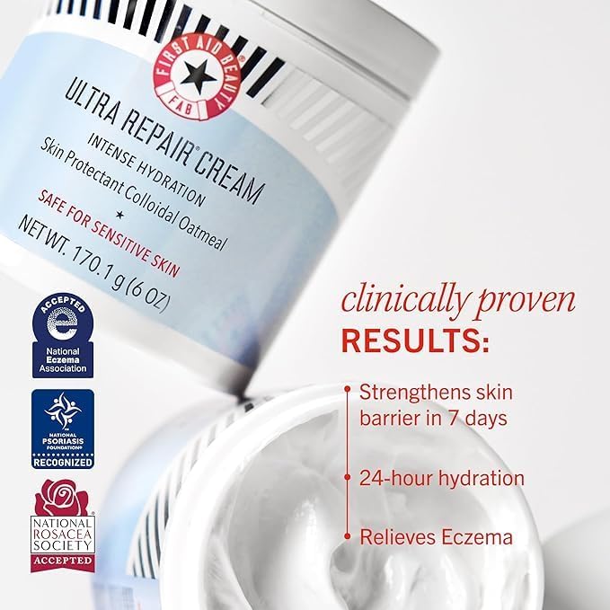 First Aid Beauty - Ultra Repair Cream, Intense Hydration Whipped Colloidal Oatmeal, Clinically Proven to Strengthen Skin Barrier & Help Relieve Eczema, Face & Body Moisturizer, 14oz Fresh Strawberry