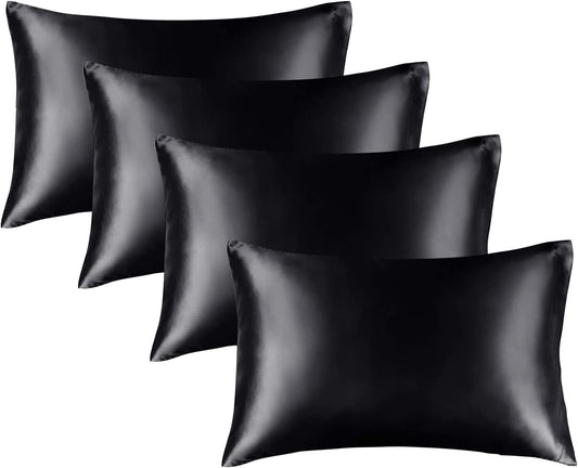 BEDELITE Satin Pillowcase for Hair and Skin, Super Soft Similar to Silk Pillow Cases 4 Pack with Envelope Closure, Cooling Pillowcases for Women Men (20"x30" Queen Size, Black)
