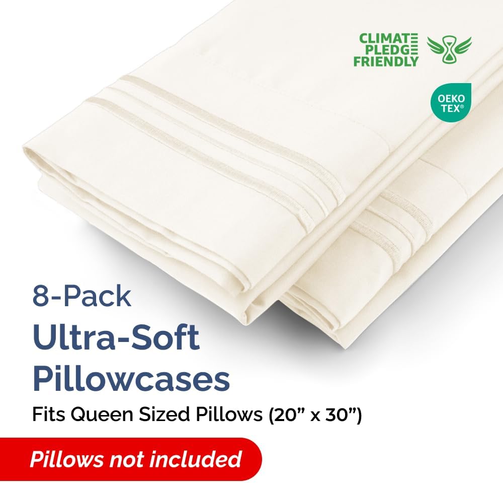 Queen Pillow Cases Set of 8 - Ultra Soft Hotel Quality Pillowcase Covers - Comfy, Cozy & Wrinkle Free - Shrink, Stain and Fade Resistant - Machine Washable Pillow Protectors - 8 Piece Set - Off White