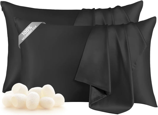 THXSILK Set of 2 100% Mulberry Silk Pillowcase for Hair and Skin, Both Sides 19 Momme Pure Natural Silk Pillowcases, Soft and Breathable Black Zipper Pillowcases, Queen Size 20"×30"
