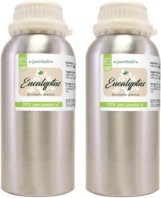 2 Bottles – GreenHealth Eucalyptus Essential Oil – 16 fl oz Each (32 fl oz Total) – 100% Pure & Uncut – Bulk Aromatherapy Oil in Aluminum Bottles – for Diffuser, Cleaning, DIY, Home Fragrance