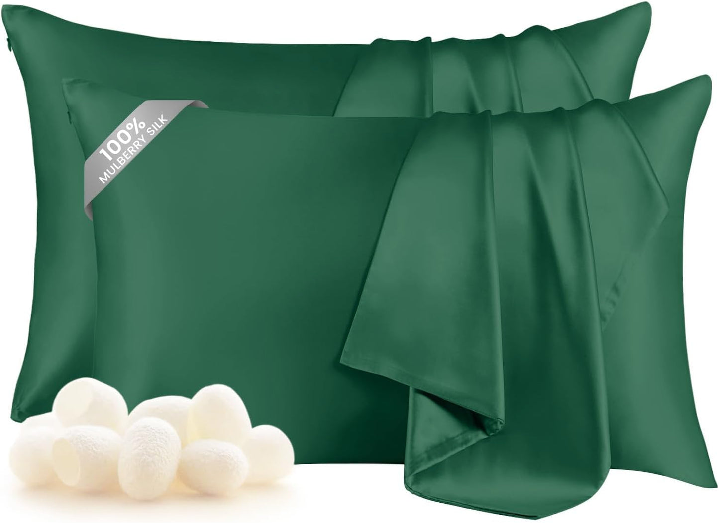 THXSILK Set of 2 100% Mulberry Silk Pillowcase for Hair and Skin Heath, Grade 6A+ Mulberry Silk Both Sides, Hypoallergenic Pillow Cover with Zipper, Best Gift Choice (King 20"x36", Emerald Green)