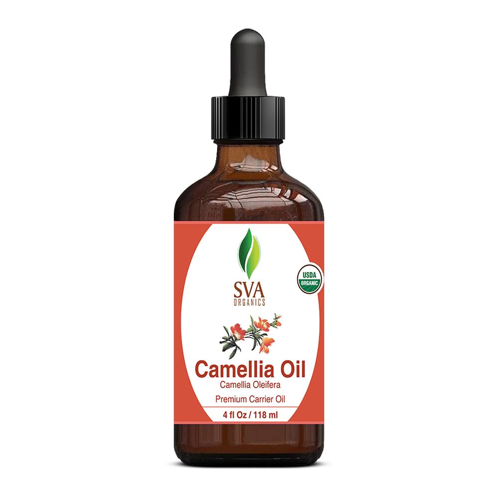 SVA Camellia Seed Oil Organic - 4 Fl Oz – 100% Natural Cold Pressed Organic Camellia Oil - for Face, Skin Care, Hair Care, Scalp Massage & Body Massage – Carrier Oil with Dropper