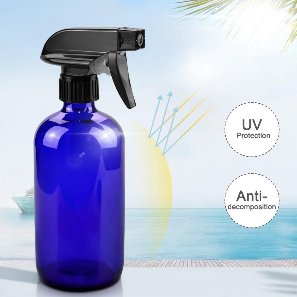 Glass Spray Bottles, 16oz Blue Glass Spray Bottles with Labels & Adjustable Nozzle, Reusable Containers for Cleaning, BBQ, Food, Plants, Alcohol, Essential Oils(1 Pack)