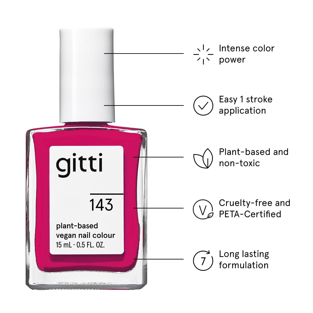 gitti Plant-based Nail Polish I Non-Toxic, 30-Free, Based On Natural Origin Ingredients, Cruelty.Free, Vegan, High Performance Colors, Glossy Finish, Shade no. 143 That's Hot (0.5 fl oz)
