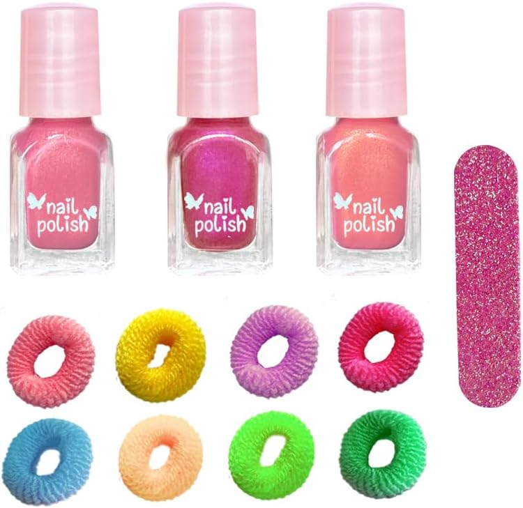 M&U MAKE YOU UP Butterfly Jewelry Case Nail & Hair Set - 3 Quick-Dry Polishes + 5 Fuzzy Elastics | Portable Beaded Clutch for Teens, FashionGift with Floral Charm Party Favors