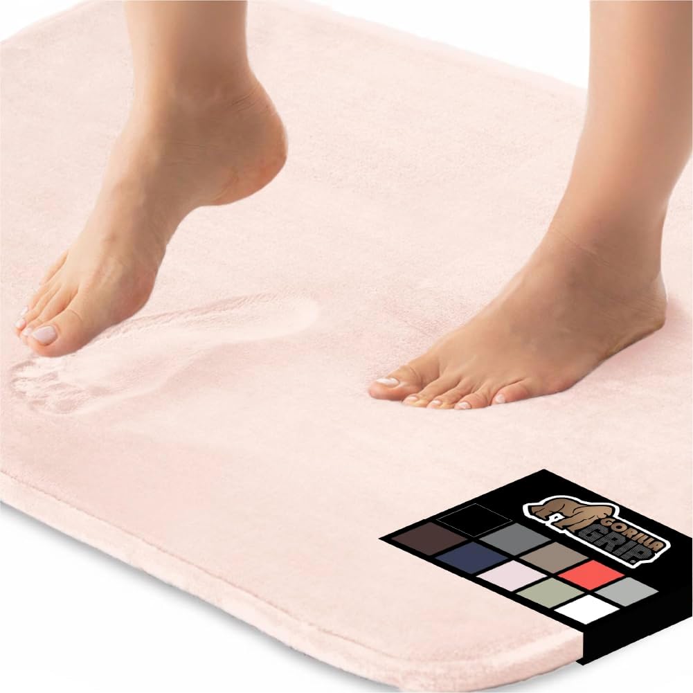 GORILLA GRIP Memory Foam Bath Mat, Soft Absorbent Velvet Bathroom Mats, Durable Dots on Underside, Machine Washable Bathmat, Carpet Rug Room Decor for Shower Tub Floor RV, 30x20 Rugs, Pink