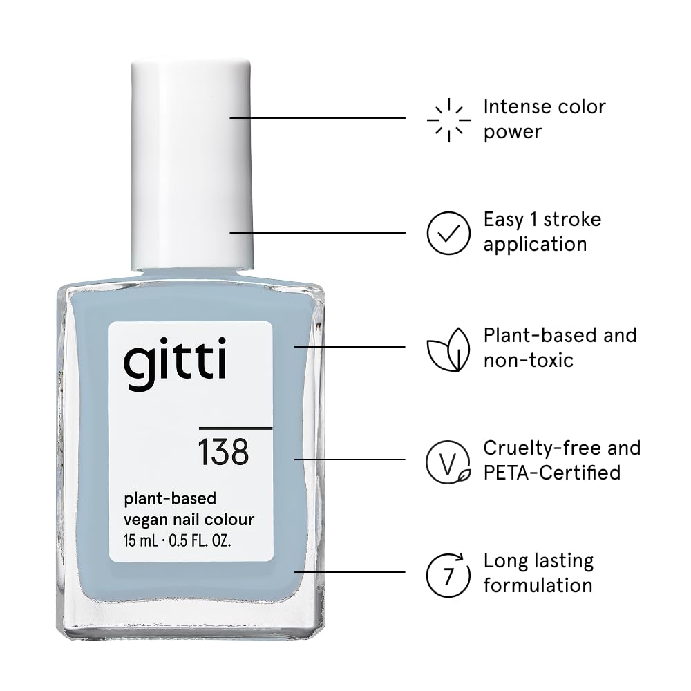 gitti Plant-based Nail Polish I Non-Toxic, 30-Free, Based On Natural Origin Ingredients, Cruelty-Free, Vegan, High Performance Colors, Glossy Finish, Shade no. 138 Denim Blue (0.5 fl oz)