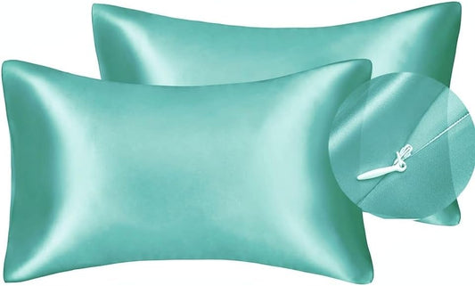 Juwenin Bedding,Super Soft and Luxury Silky Satin Pillowcase with Zipper (Silky Satin Pillow Case for Hair) Set of 2 (Aqua, Queen(20''x29''))