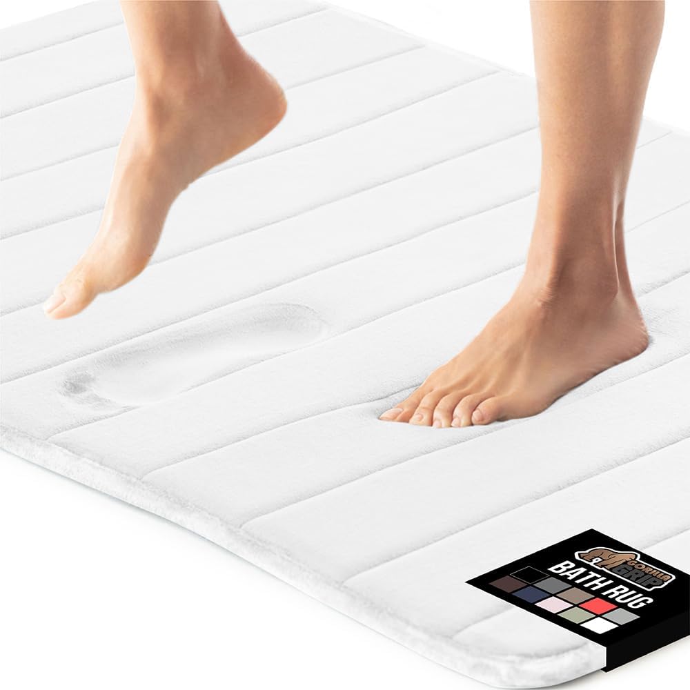 GORILLA GRIP Memory Foam Bath Mat, Soft Absorbent US Designed Bathroom Rug, Gripping Dots Machine Washable Bathmat, Cushioned Floor Mats, Shower Sink Rugs Room Décor Accessories, 60x24 White