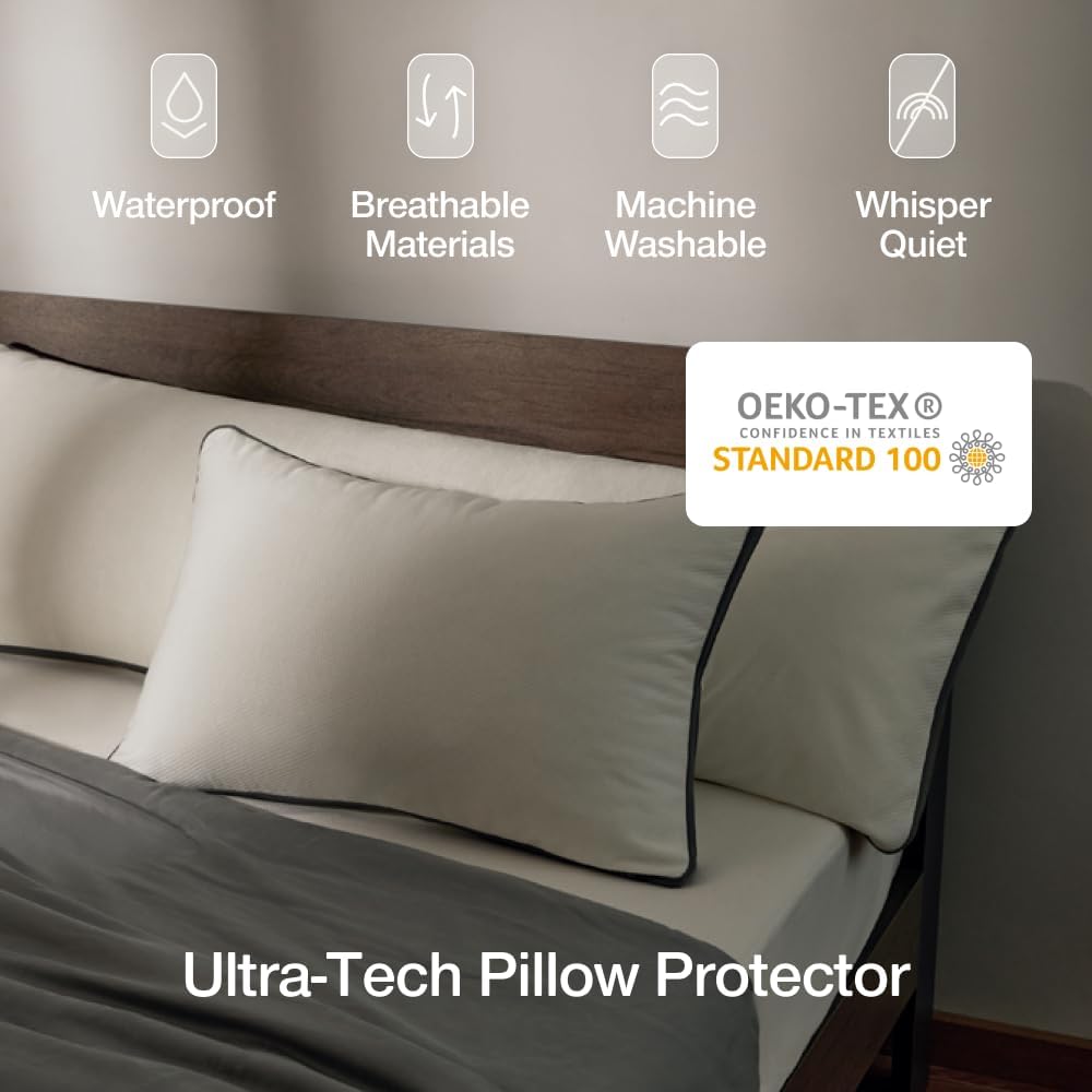 Coop Home Goods Ultra-Tech Pillow Protector for Memory Foam Pillows, Waterproof, Pack of 2 King Size Pillow Covers, Oeko-Tex Certified, Breathable, Zippered Covers, Machine Washable