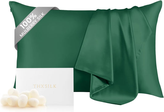 THXSILK 100% Mulberry Silk Pillowcase for Hair and Skin Heath, Best Gift Choice, Grade 6A+ Silk Both Sides, Hypoallergenic Pillow Cover with Zipper, 1pc (King 20"x36", Emerald Green)