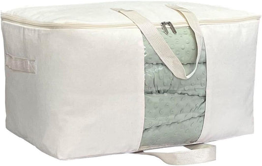 Soft Canvas Clothes Storage Bags with Four Carrying Handles and Clear Window, Closet Organizer for Clothing, Blankets Sheets and Bedding, 55L, Beige