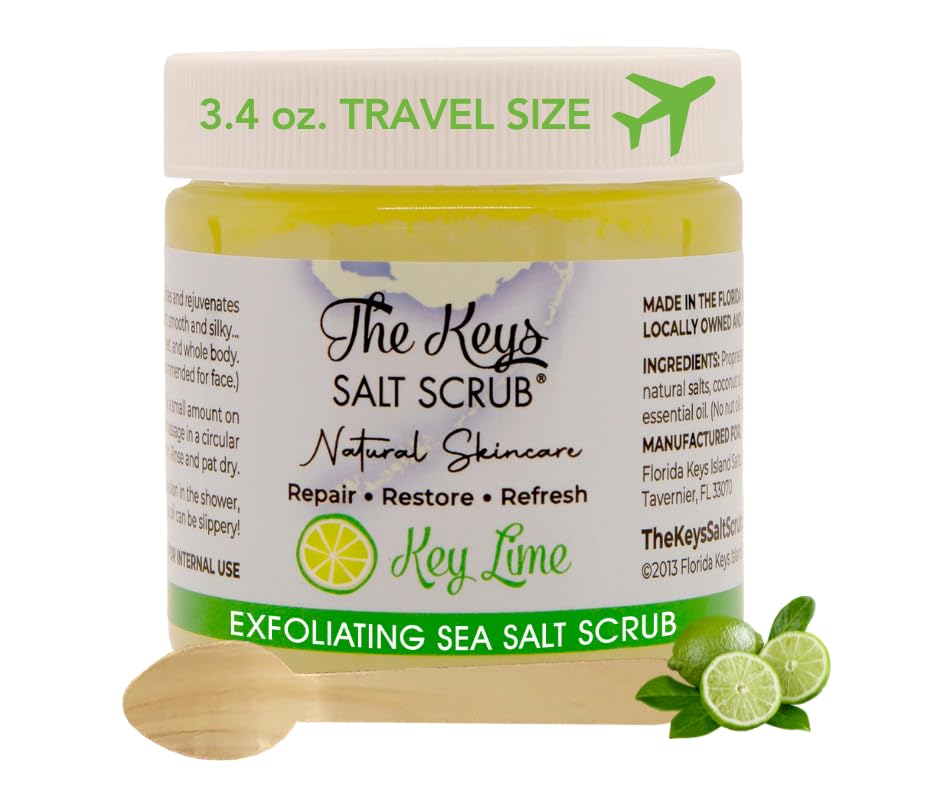 The Keys Salt Scrub -Sea Salt Scrub - Exfoliating Body Scrub with Wooden Spoon - Moisturizing Exfoliator for Hands, Foot, Bath, (3.4 Ounce (Pack of 1), Key Lime)