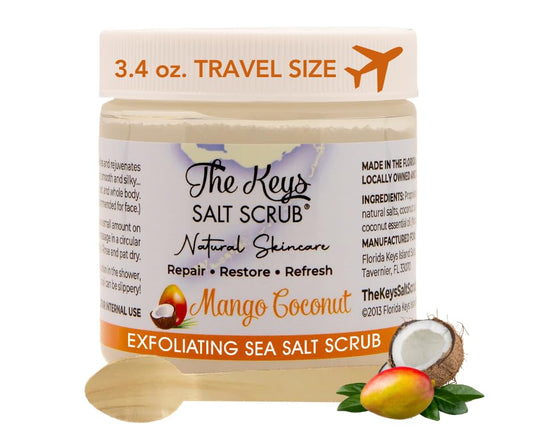 The Keys Salt Scrub -Sea Salt Scrub - Exfoliating Body Scrub with Wooden Spoon - Moisturizing Exfoliator for Hands, Foot, Bath, (3.4 Ounce (Pack of 1), Mango Coconut)