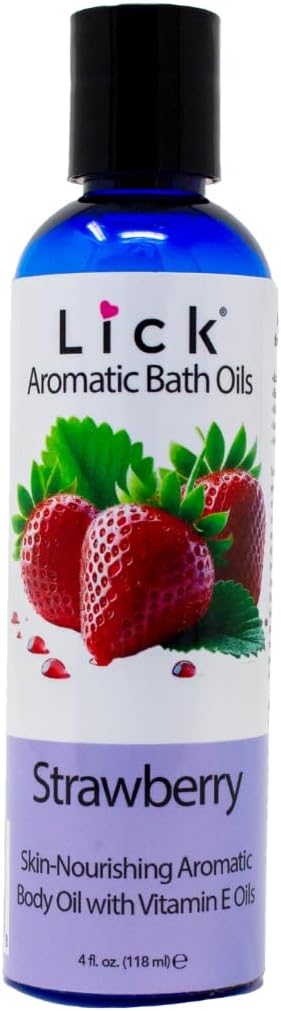 Lick Strawberry Aromatic Bath Oil - Natural Sweet Almond, Vitamin E & Jojoba Oils for Luxurious Experience for Women. Moisturizes Dry Skin, 12 Enchanting Aromas, Paraben Free, Made in USA 4 fl oz