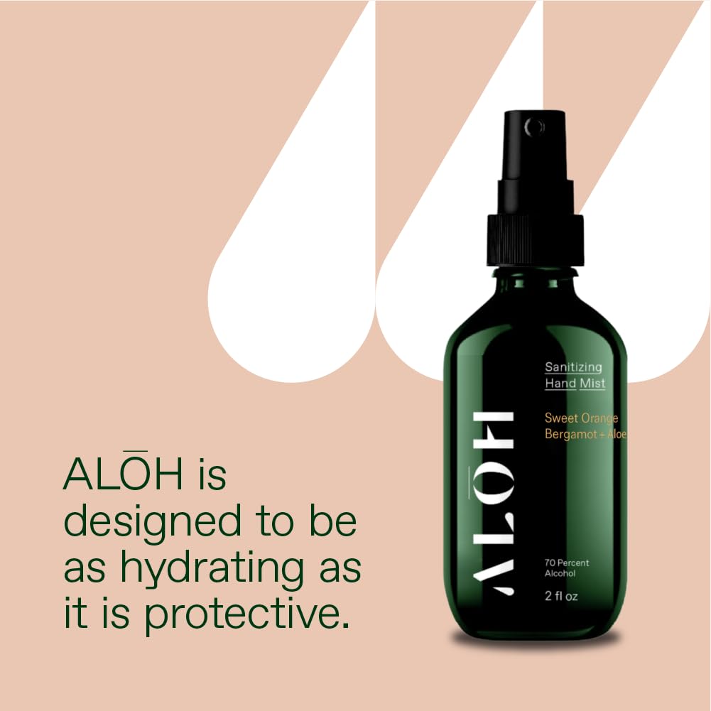 ALOH Hand Sanitizer Spray Liquid 3-pack | Sweet Orange Bergamot + Aloe | 70% Alcohol Hydrating Hand Sanitizer Spray with Essential Oil, for Kids & Adults | 2oz Travel Size Bottle (set of 3)