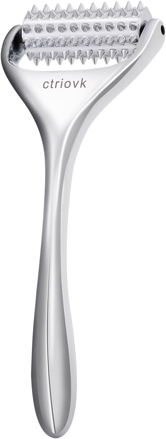 Acupuncture Massage Roller, Stainless Steel, Portable Manual Roller for Whole Body Pain Relief, Puffiness Reduce and Muscle Relaxation Massage, Silver