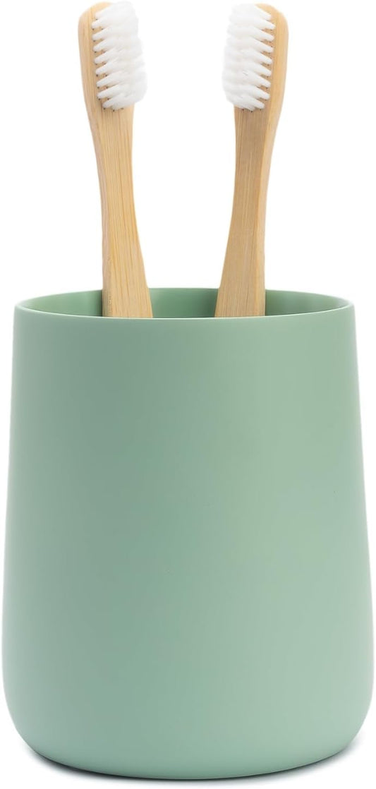 Matte Sage Green Toothbrush and Toothpaste Holder and Cup for Bathroom Vanity and Countertop, Round Organizer for Electric Toothbrushes, Floss, Razors, Cotton, and Mouthwash