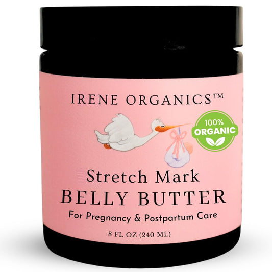 Irene Organics Organic Belly Butter for Pregnancy Stretch Mark Prevention and Treatment Award Winning Anti Stretch Mark Tummy Balm For Pregnancy and Postpartum 8oz - Hydrating Bump Cream