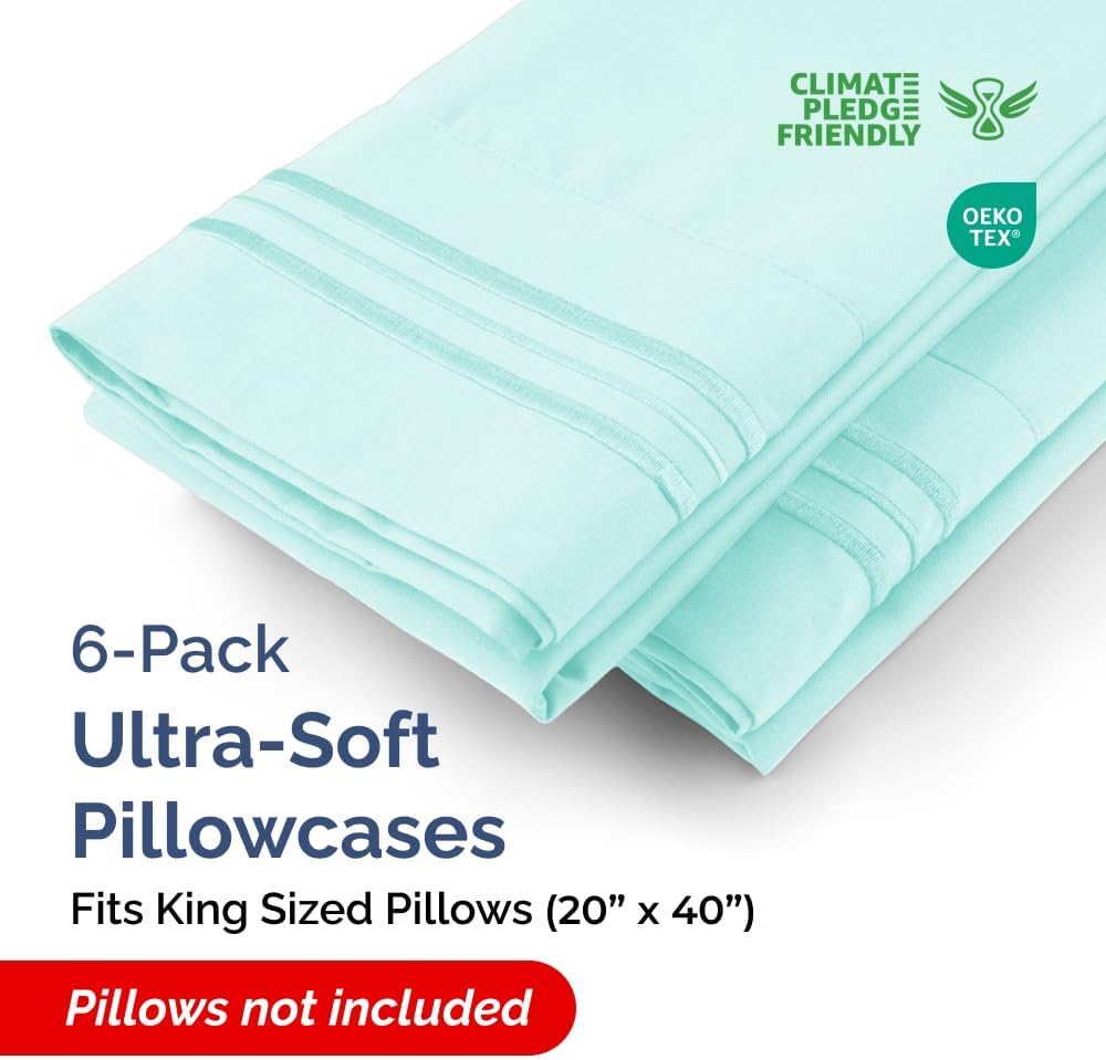 King Pillow Cases Set of 6 - Ultra Soft Hotel Quality Pillowcase Covers - Comfy & Wrinkle Free - Shrink, Stain & Fade Resistant - Easy-Care, Machine Washable Pillow Protectors - 6 Piece Set - Spa Blue