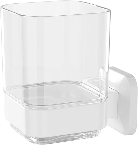 Wall-Mounted Tumbler and Toothbrush Holder, Wall Mounted Adhesive Hanging Electric Toothbrush Organizer Stand for Bathroom with Rinsing Cup, No Drilling Required (White, 3.93"X3.93"X2.97")